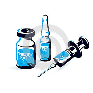 Vector graphic illustration of vial, ampoule with medicine and medical syringe for injections.