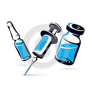 Vector graphic illustration of vial, ampoule with medicine and medical syringe for injections.