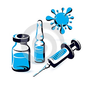 Vector graphic illustration of vial, medical syringe for injections. Scheduled vaccination theme