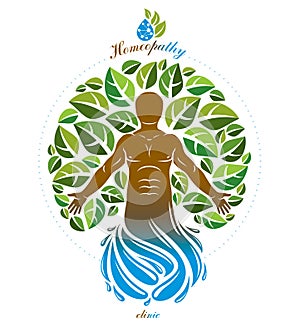 Vector graphic muscular human deriving from water wave and composed with green eco tree, self. photo