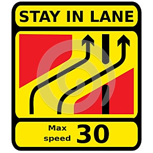 Vector graphic of a rectangular yellow sign warning of one lane crossover at contraflow road works