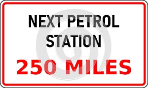 Vector graphic of road sign showing the next internal combustion (ice) fuel station is 250 miles away. Journey planning