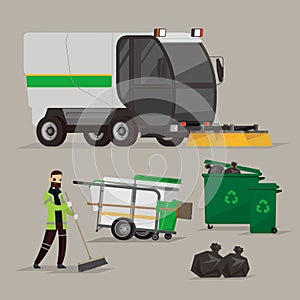Vector graphic of road sweeper vehicle and street cleaner