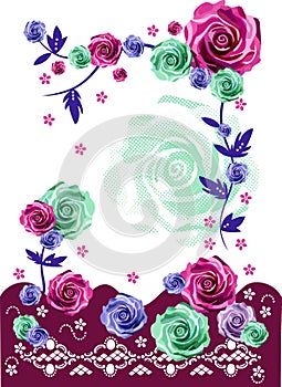 Vector graphic with roses and for t-shirt white background