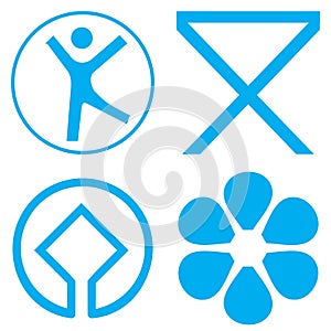 Vector graphic set of map symbols. Blue and white icons for recreational area, picnic area, heritage site and an arboretum or