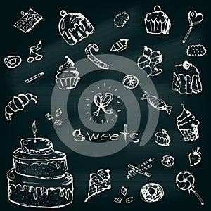 Vector graphic set of sweets. Decorative hand drawn delicios col photo
