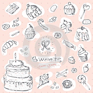 Vector graphic set of sweets. Decorative hand drawn pink delicios collection.