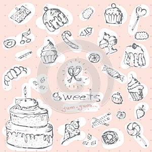 Vector graphic set of sweets. Decorative hand drawn pink delicios collection. photo