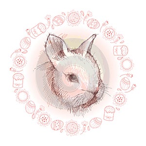Vector graphic sketch of baby rabbit profile and round frame in pink with Easter symbols isolated on white background.