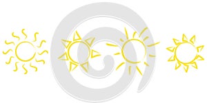 Vector graphic sun icon. Set of illustrations of solar circles. Yellow, hot shiny logos