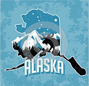 Vector graphic T-shirt design of Alaska in retro style