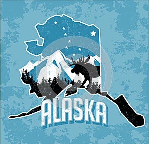 Vector graphic T-shirt design of Alaska in retro style photo