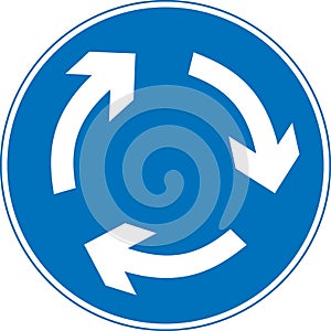 Vector graphic of a uk mini roundabout road sign. It consists of three circular arrows in a clockwise direction contained within a