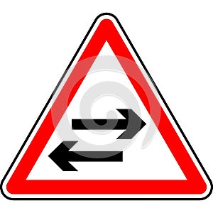 Vector graphic of a uk road at a junction ahead being two way road sign. It consists of two horizontal arrows pointing in opposite