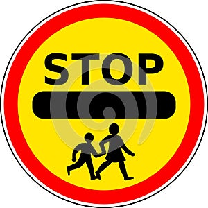 Vector graphic of a uk warning of a children crossing ahead road sign. It consists of a two children holding hands crossing the