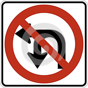 Vector graphic of a usa No U or Left Turn highway sign. It consists of a red circle with a red diagonal bar obscuring a left