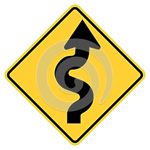 Vector graphic of a usa winding road highway sign. It consists of a black arrow with multiple curves within a black and yellow