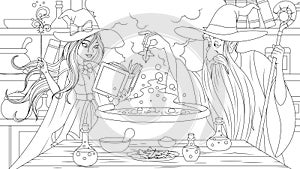 Vector graphics, a young beautiful witch learns magic from an old wizard