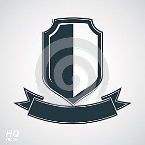Vector gray defense shield with stylized curvy ribbon