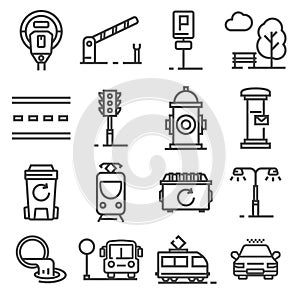 Vector gray line city amenities icons set