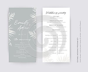Vector gray and white tropical wedding ceremony and party program card set. Editable palm leaves, foliage decorative border, frame