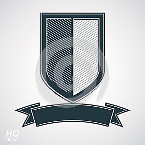 Vector grayscale defense shield with curvy ribbon, protection design graphic element.