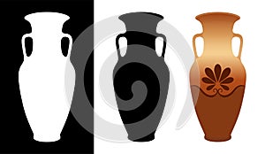 Vector greek amphora image and silhouettes in white and black background isolated.