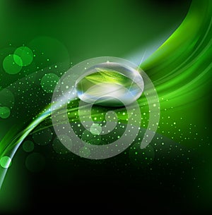 Vector green background with leaves and dew drops