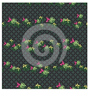 Vector green background tropical birds, parrots, exotic cheese plant, monstera, hibiscus flowers. Seamless pattern