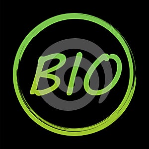 Vector green bio product badge on black background. 100 percent organic logo. Stock image