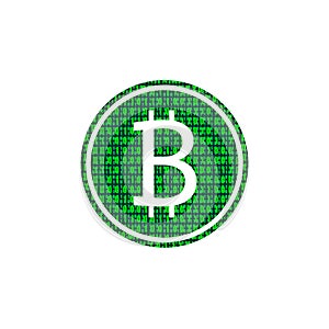 Vector Green Bitcoin Icon, Matrix Data Binary Code Texture.