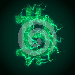 Vector green Bitcoin symbol constructed with flowing binary numbers. Bitcoin, blockchain transfer. Computer code