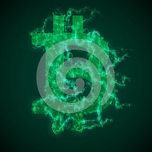 Vector green Bitcoin symbol constructed with flowing binary numbers. Bitcoin, blockchain transfer. Computer code