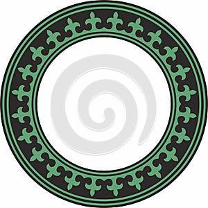 Vector green and black round Kazakh national ornament.