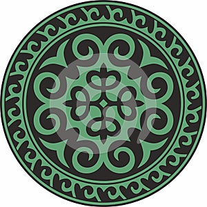 Vector green and black round Kazakh national ornament.