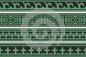 Vector green and black seamless Kazakh national ornament.