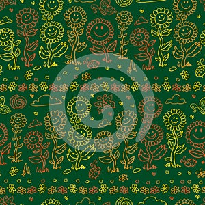 Vector green chalkboard style sunflowers, daisies and butterflies repeat pattern. Suitable for gift wrap, textile and wallpaper