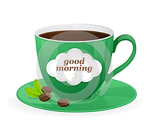 Vector green cup of coffee and text