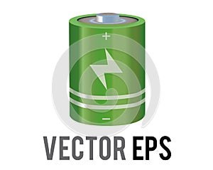 Vector green cylinder recharging battery cell icon with bolt, plus, minus symbol