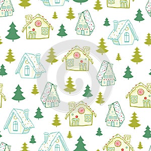 Vector green gingerbread houses and Christmas trees seamless pattern background. Perfect for winter holiday fabric