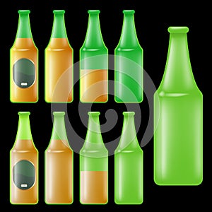 Vector green glass bottles set isolated on white background. Beer bottle with label, empty beer bottle and full beer