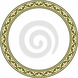 Vector green and gold round Kazakh national ornament.