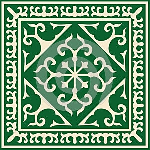 Vector green with gold Square Kazakh national ornament.