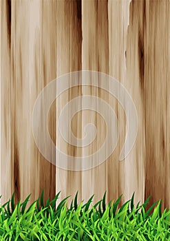 Vector green grass over wood fence background