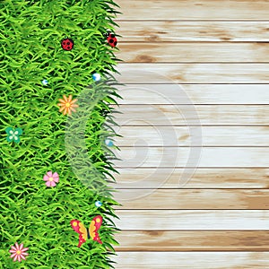 Vector Green grass on wood texture background