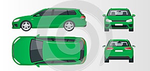 Vector green hatchback car. Compact Hybrid Vehicle.