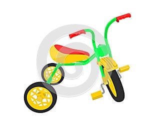 Vector green kids tricycle with yellow wheels