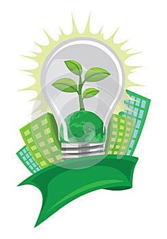 Vector of green leaf and earth in lightbulb, in front of buildings