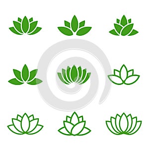 Vector green lotus icons set on white background.