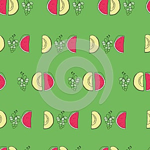 Vector Green Melon grapes summerfruits doodle background pattern